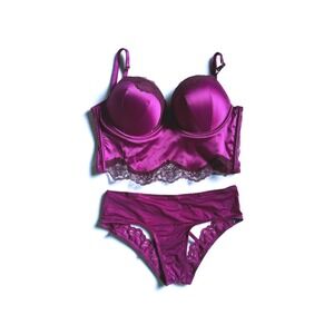 NWOT Victoria's Secret Satin Lace Magenta Corset Bustier Set 2 Piece 34C